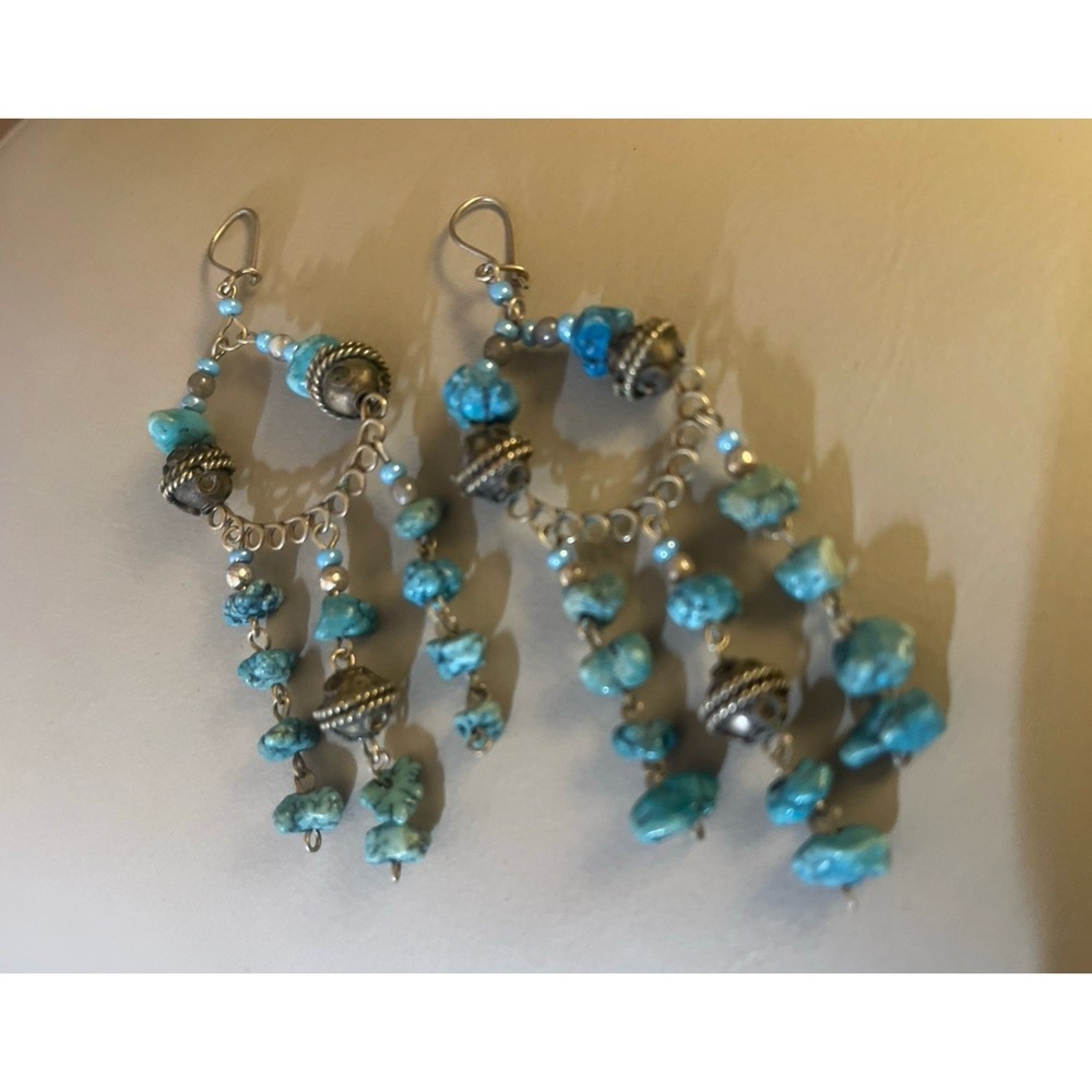 Boho Dangle Earrings Silver Toneโ Beads Turquoise Statement Jewelry